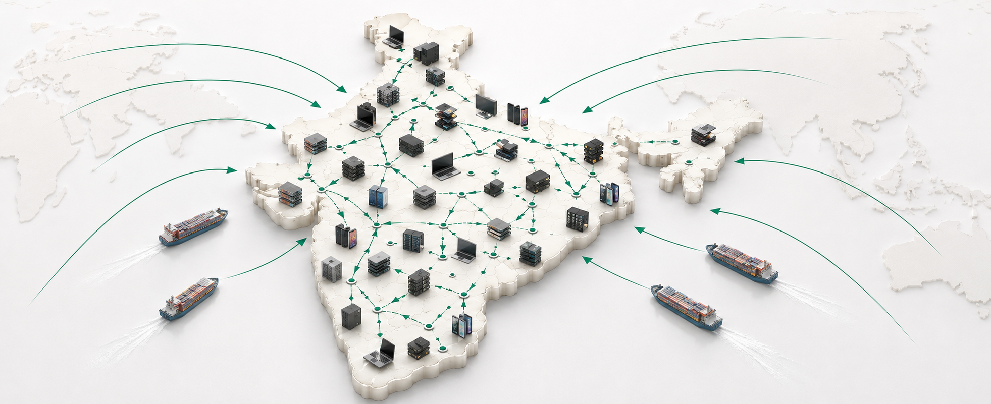 Recykal's electronics supply network across India, with inbound and outbound trade routes to global markets