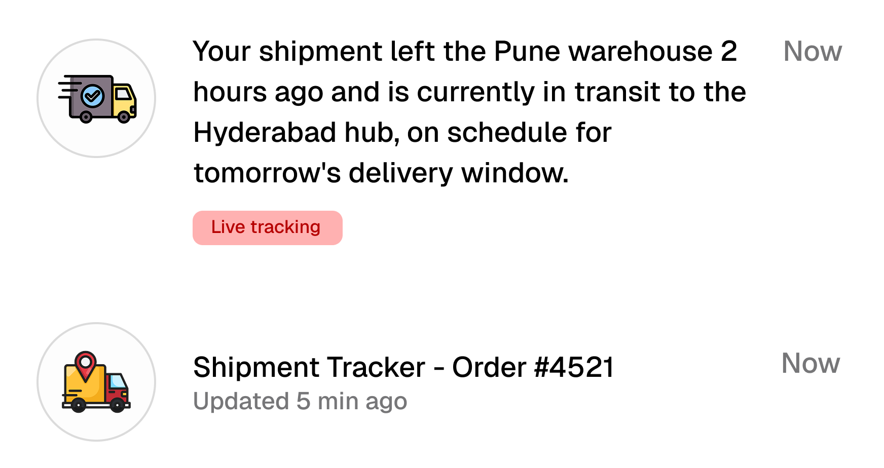 Live shipment tracking update