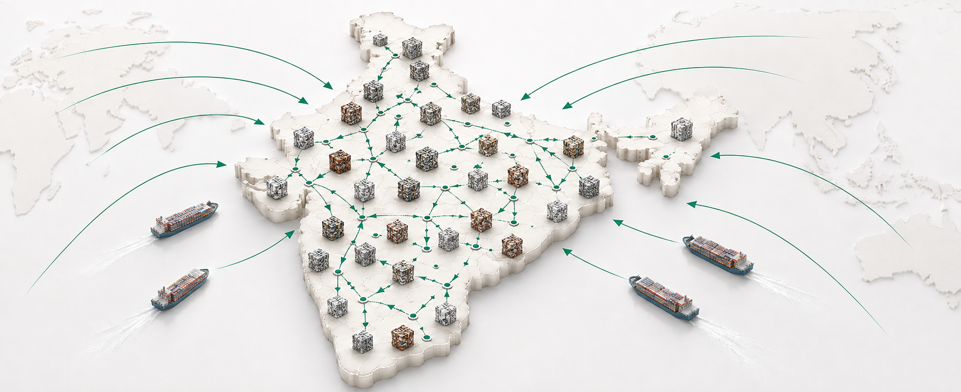 Recykal's metal supply network across India, with inbound and outbound trade routes to global markets