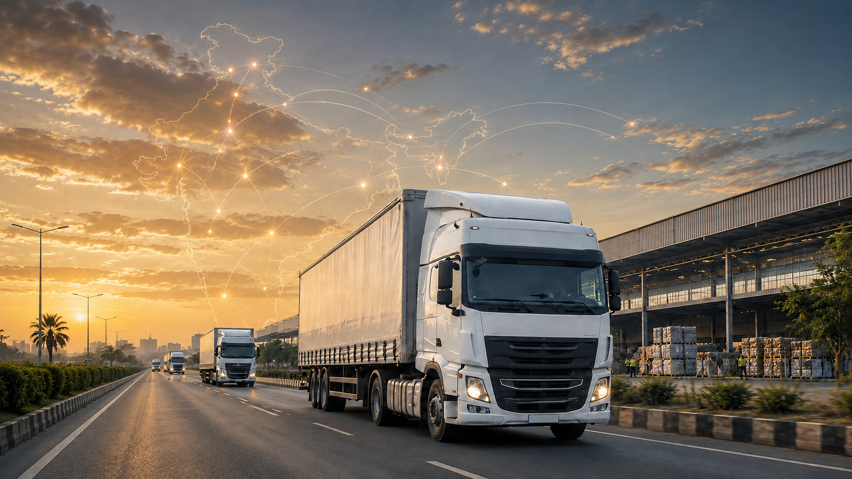 Freight trucks on an Indian highway at sunrise beneath a lit national route network