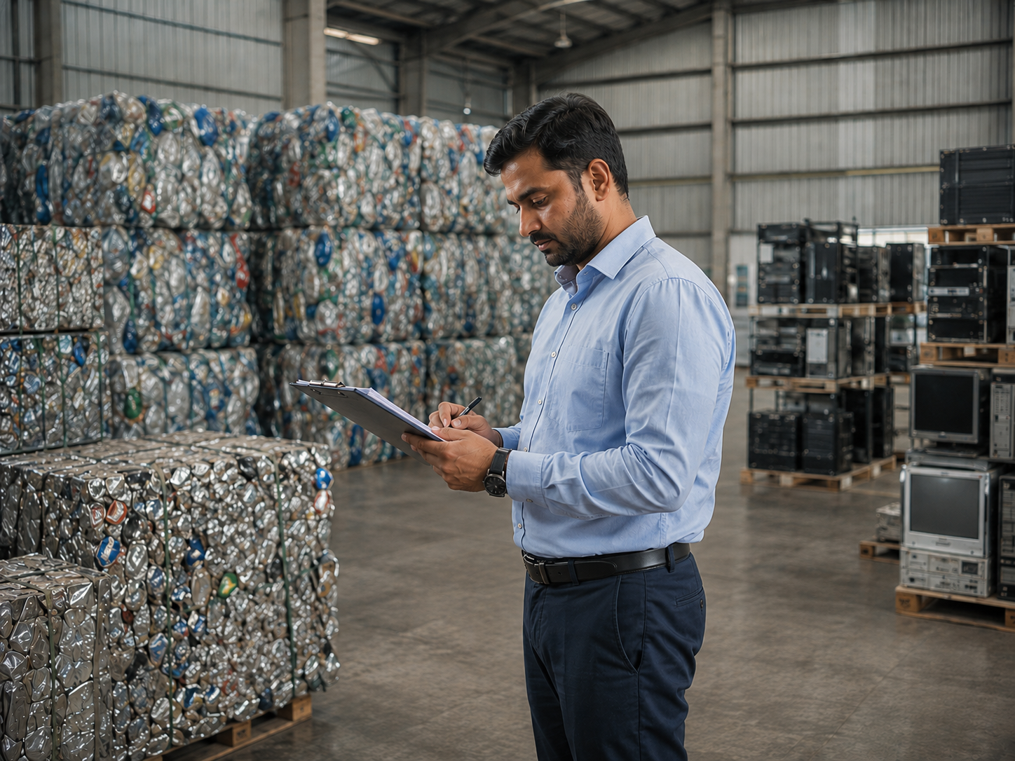 An inspector recording bale and e-waste details on a clipboard inside a sorting facility